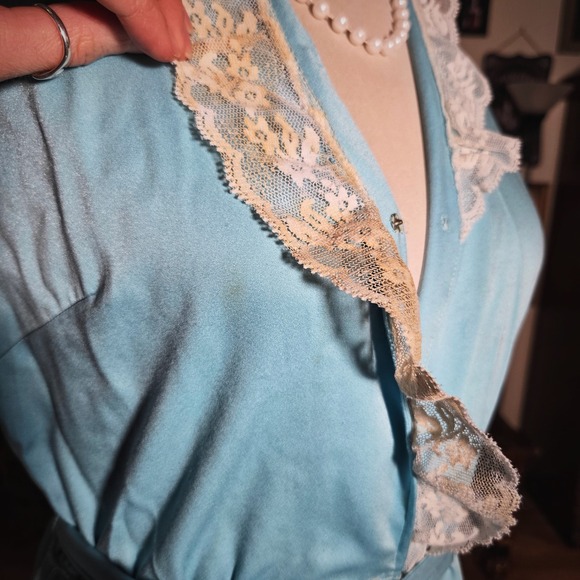 Vintage 70s Blue Dress Lace Trim Maxi Short Sleeve Wrap Housecoat Belted - Picture 5 of 8